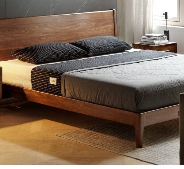 Bohemian Wood & Rattan Platform Bed with Natural Cane Headboard – Queen Size Bed in Pakistan