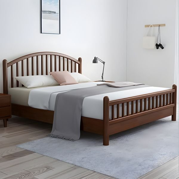 Modern Natural Wood Platform Bed with Slatted Headboard – Queen Size Bed Pakistan