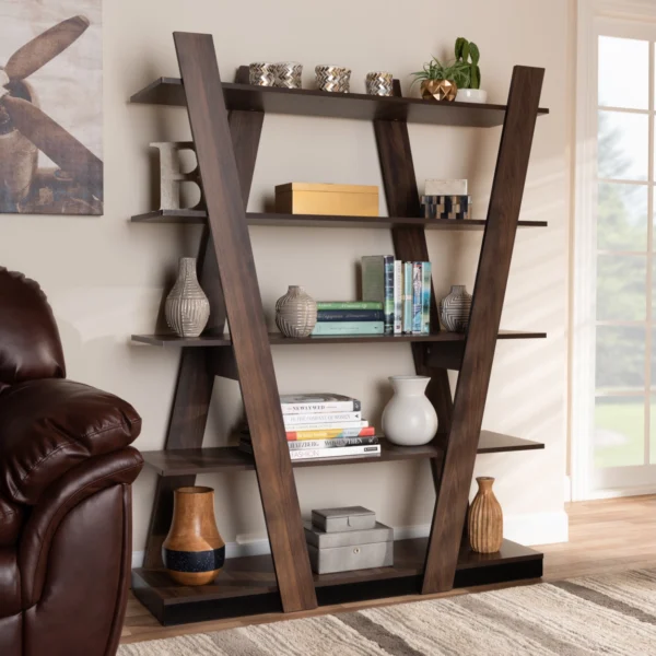 Michio 5-Shelf Bookcase – Walnut Finish, Angled Panel Design, Modern Wooden Display Shelf