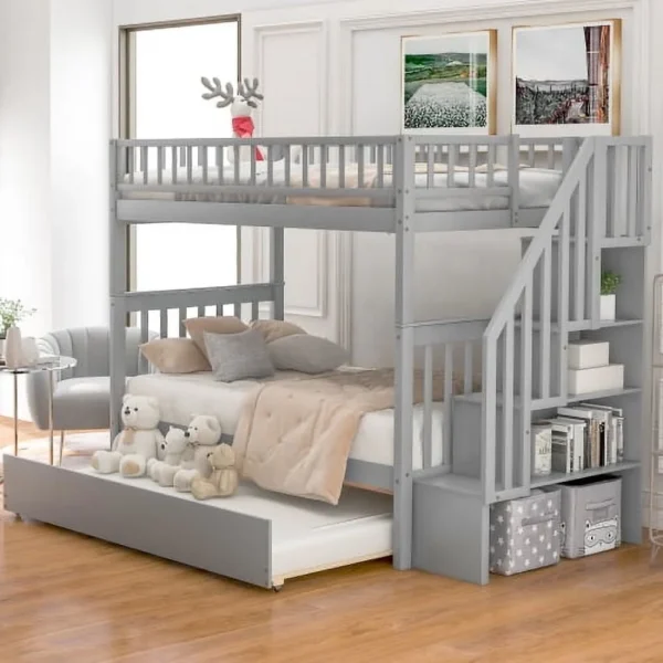 Grey Bunk Bed with Stairs & Trundle