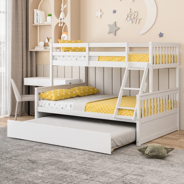 Multi-Functional White Bunk Bed with Desk & Trundle