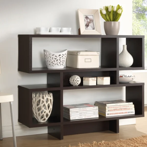 Modern Asymmetrical Bookshelf – Open Concept Room Divider with Cubbies, Dark Espresso Finish