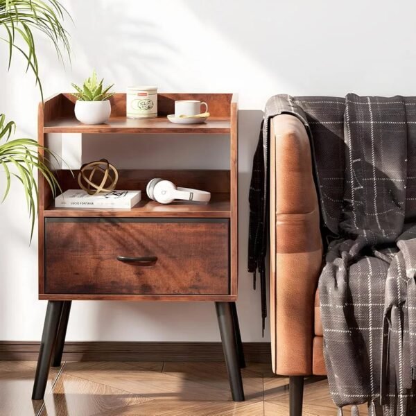 YUFAM Mid-Century Modern Wooden Nightstand – Brown Bedside Table with Drawer and Open Storage Shelf