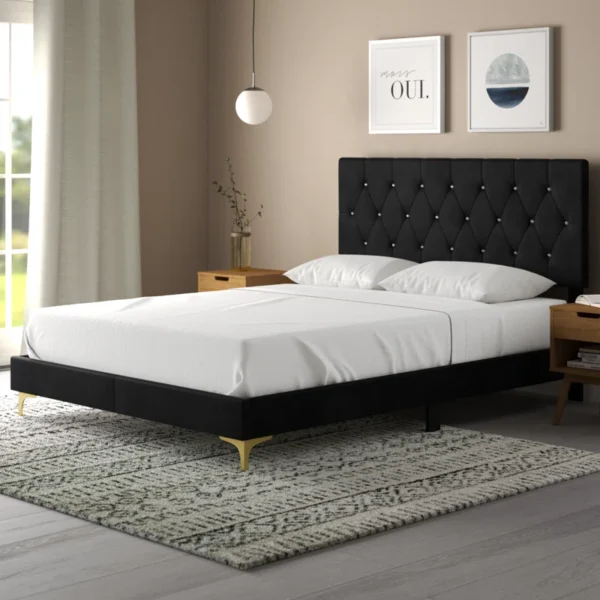 Ardiana Tufted Upholstered Standard Bed – Black Velvet, Crystal Headboard, Box Spring Required