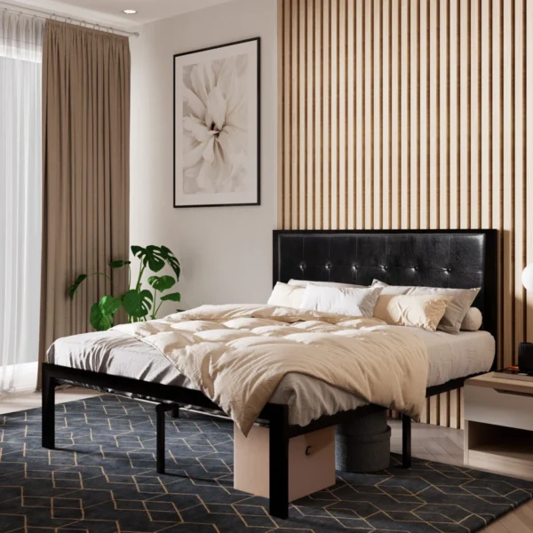 Armarni Vegan Leather Platform Bed – Tufted Headboard, Metal Frame, No Box Spring Needed