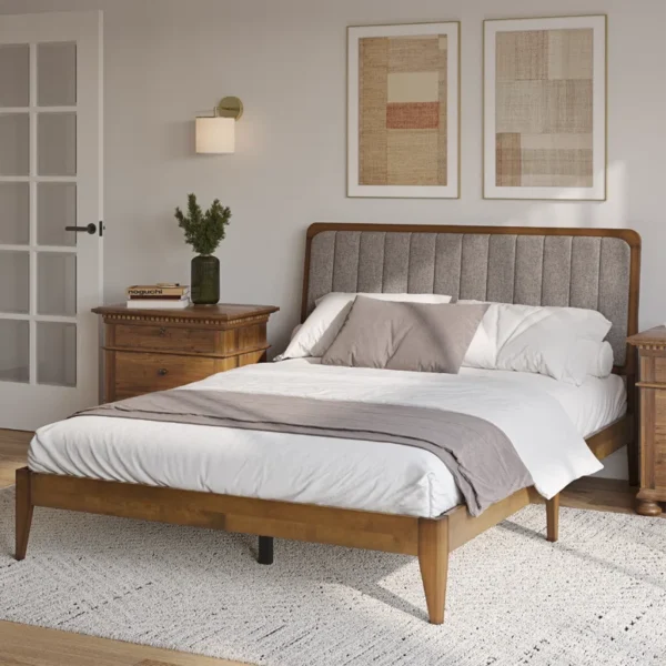 Bollen Solid Wood Bed Frame – Adjustable Upholstered Headboard, Channel Tufting, Box Spring Required