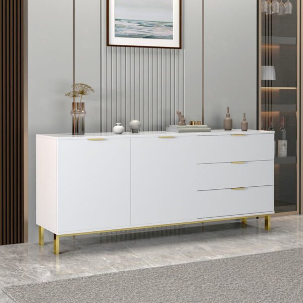 Modern White Buffet Sideboard with 3 Drawers & 2 Doors – Gold Metal Legs