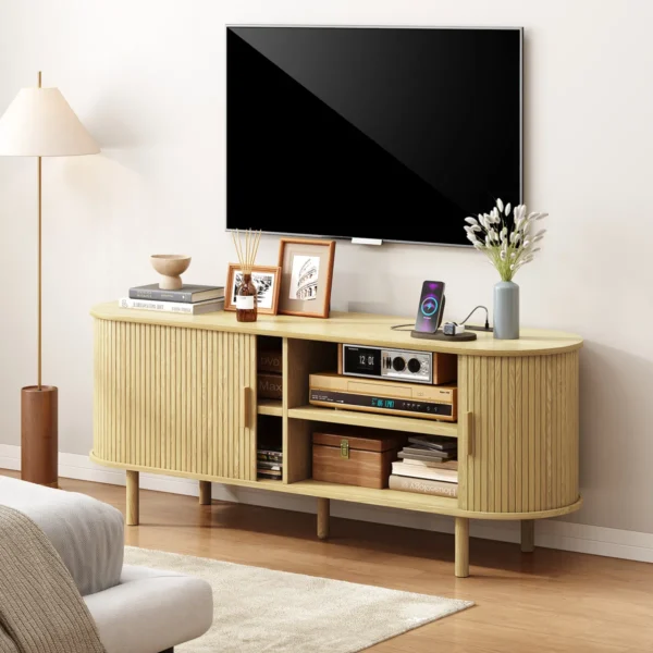 Jalonda Modern Wood TV Stand – Tambour Sliding Doors, Storage Shelves, Cable Management for Up to 60” TVs