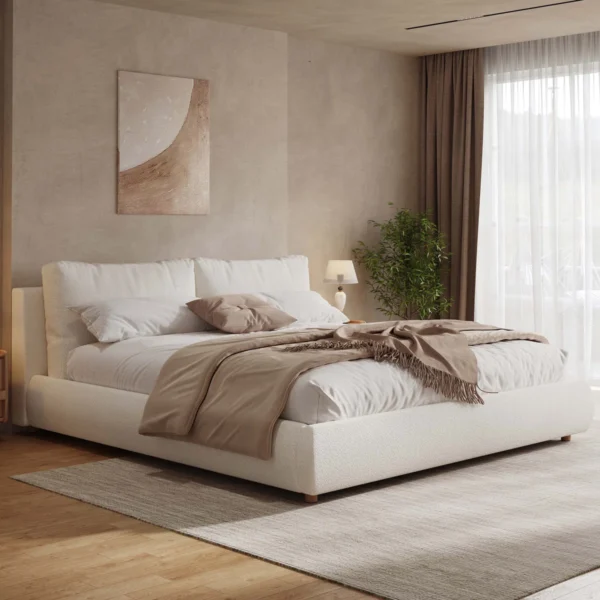 King Size Upholstered Platform Bed – Boucle Fabric, Removable Pillow Headboard, Minimalist Design