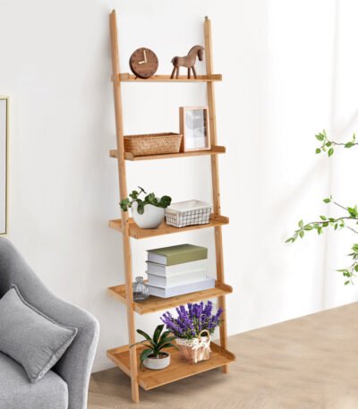 Nordic Bamboo Ladder Bookcase 5-Tier Shelf for Living Room Pakistan
