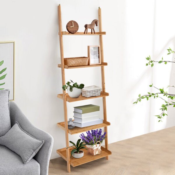 Nordic Bamboo Ladder Bookcase 5-Tier Shelf for Living Room Pakistan