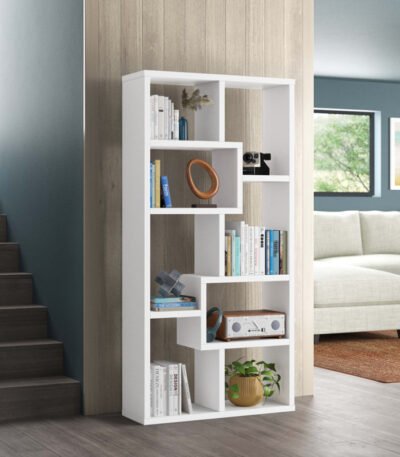 Stylish white bookshelf with open shelves