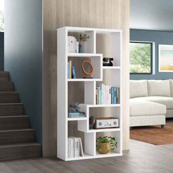 Stylish white bookshelf with open shelves