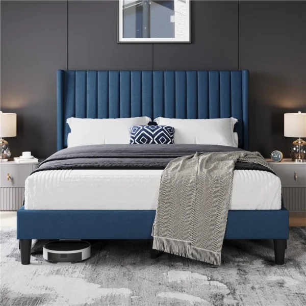 Upholstered Bed Frame with Wingback Headboard – Tufted Fabric & No Box Spring Required