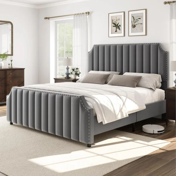 Velvet Bed Frame – 50.2" Tall Channel Tufted Headboard & Footboard, Metal Frame, No Box Spring