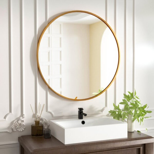 Round Mirror Mounted on Bathroom Wall