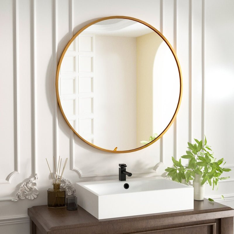 Round Mirror Mounted on Bathroom Wall
