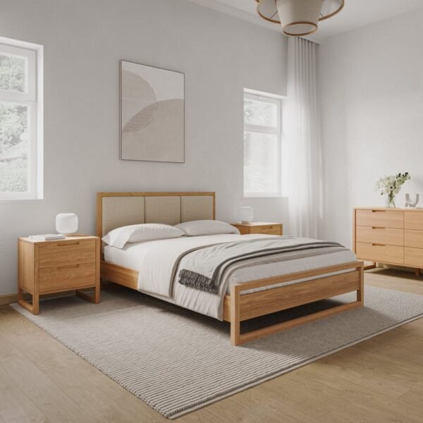 Modern Solid Wood Platform Bed with Minimalist Headboard – Queen Size | Pakistan