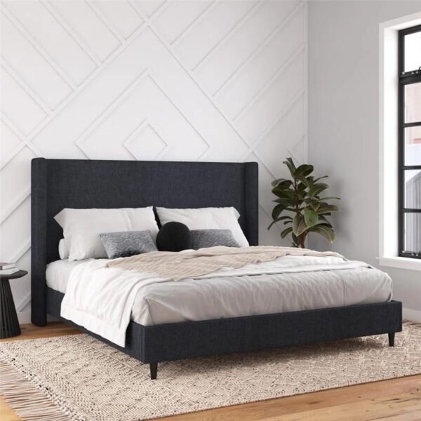 Mid-Century Modern Wood & Grey Upholstered Platform Bed – Queen Size Bedroom Furniture Pakistan