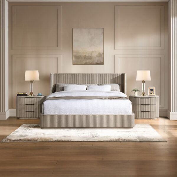 Luxury King Size Fluted Upholstered Bed – Modern Solid Wood Bedroom Furniture Pakistan