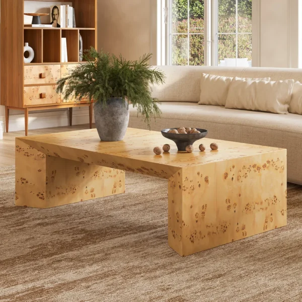 Burl Vinar Modern Console Table – Burl Wood Finish, Sculptural Design, 54” Length