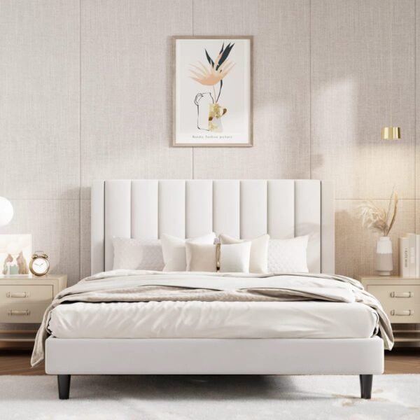 Modern White Vertical Tufted Upholstered Platform Bed – Luxury Bedroom Furniture Pakistan