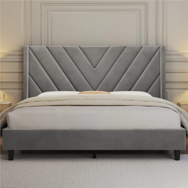 Modern Grey Chevron Tufted Platform Bed – Luxury Upholstered Bedroom Furniture Pakistan