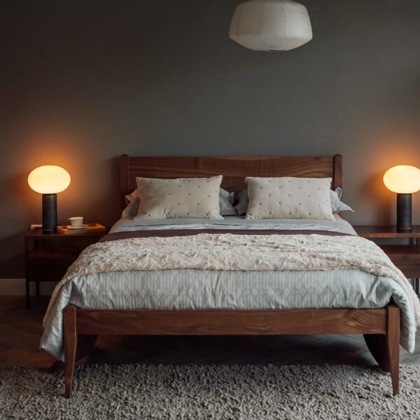 Mid-Century Modern Slatted Wood Platform Bed – Queen Size | Dark Walnut Finish Pakistan