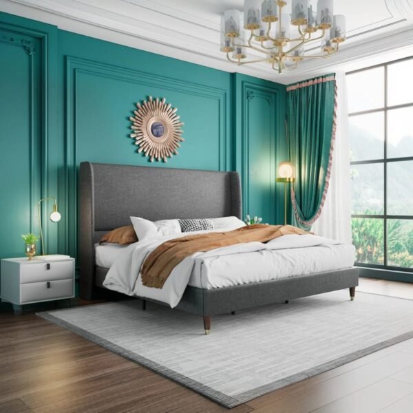 Elegant Charcoal Grey Wingback Platform Bed – King Size Luxury Bedroom Furniture Pakistan