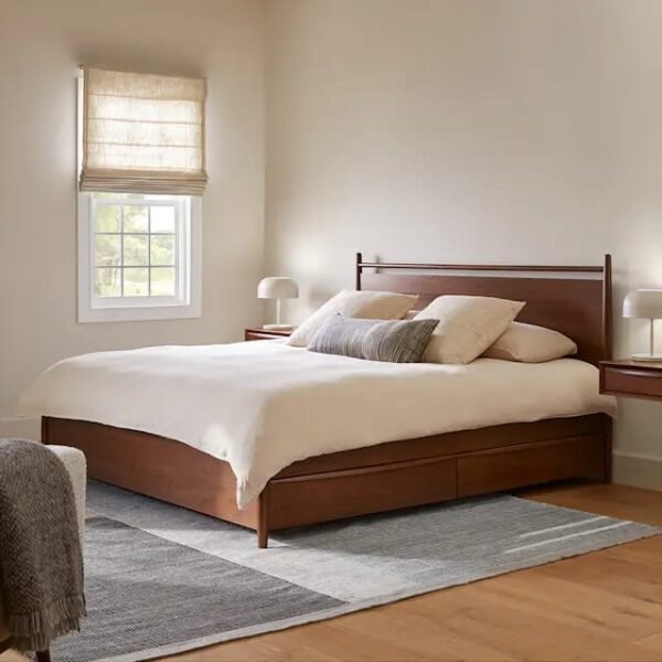 Mid-Century Modern Solid Wood Platform Bed – Queen Size | Dark Walnut Finish Pakistan