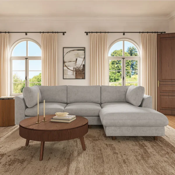 Velvat L-Shaped Sofa – Modern Grey Corner Sectional, Plush Upholstery, Right Chaise Design