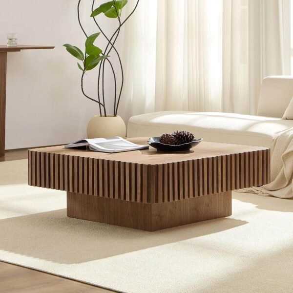 35.43” Square Walnut Coffee Table – Modern Handcrafted Drum Design, Solid Wood Veneer
