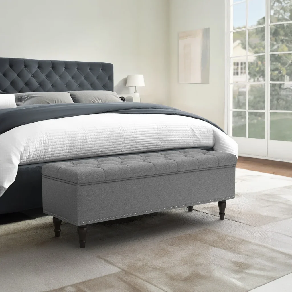 Bedroom bench with soft tufted cushion