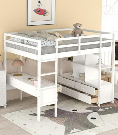 PakUnique StudyNest White Loft Bed with Desk and Drawers for Kids Pakistan