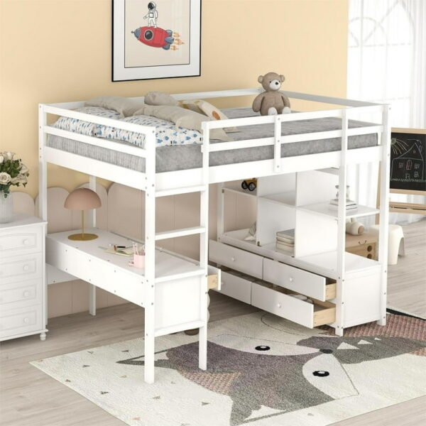PakUnique StudyNest White Loft Bed with Desk and Drawers for Kids Pakistan
