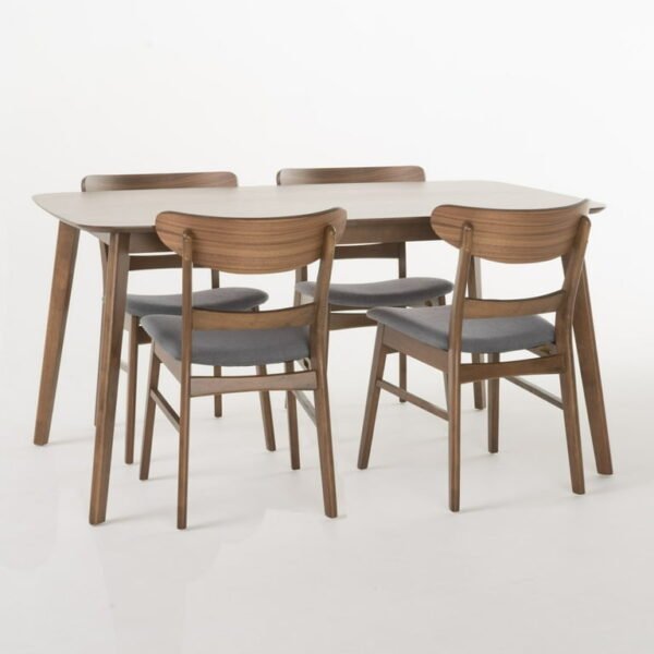 “PakUnique 5-Piece Dining Set – Walnut Table with Gray Chairs in Pakistan”