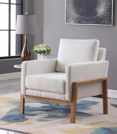 “PakUnique Cream Bouclé Accent Chair – Wooden Frame Chair Pakistan”