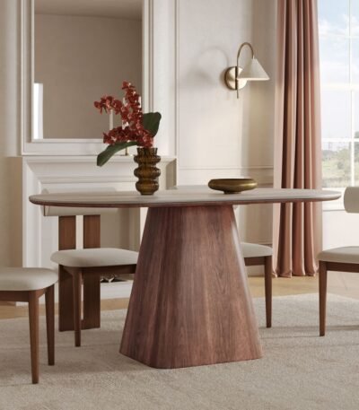 Oval wood dining table with pedestal base