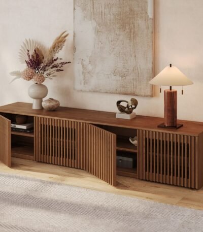 Minimalist wooden TV unit in living room
