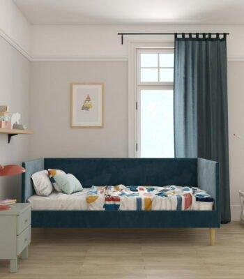 “Mid-Century Twin Daybed in Blue Fabric for Modern Pakistani Homes”