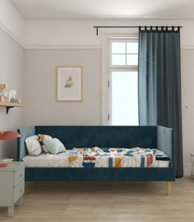 “Mid-Century Twin Daybed in Blue Fabric for Modern Pakistani Homes”