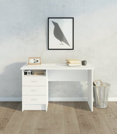 White 3-drawer office desk with open shelf – front view