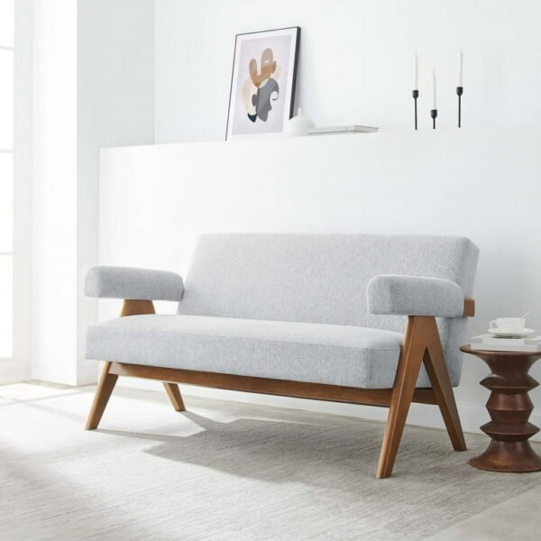 Light grey loveseat sofa with wooden frame – front view