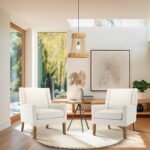 Beige wingback accent chair with wooden legs – front view