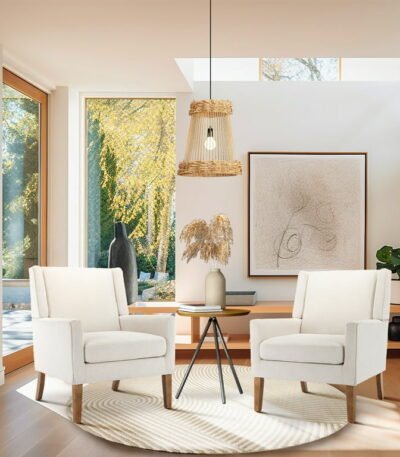 Beige wingback accent chair with wooden legs – front view