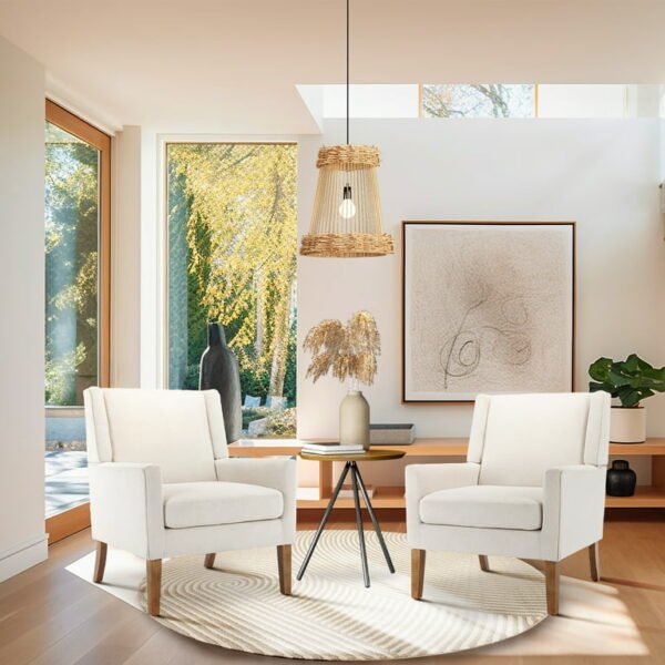 Beige wingback accent chair with wooden legs – front view