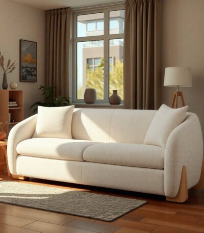 Front view of Curved Chenille Sofa in modern living room