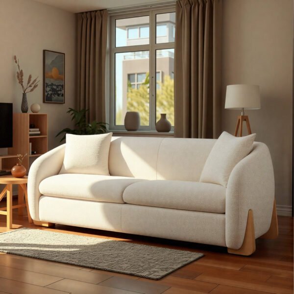 Front view of Curved Chenille Sofa in modern living room