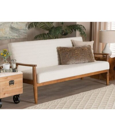 Cream bouclé sofa with walnut wood frame – front view