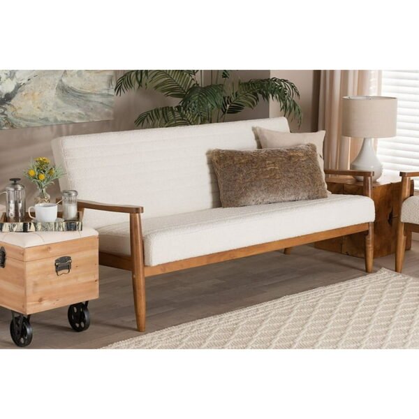 Cream bouclé sofa with walnut wood frame – front view